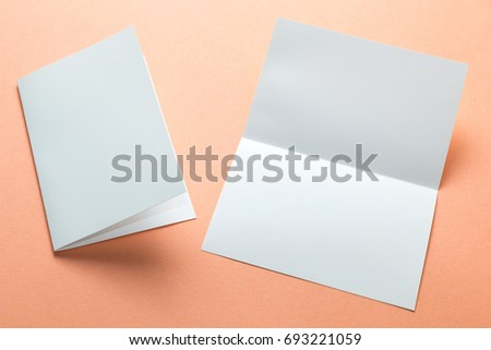 Business card, brochure magazine isolated on orange background, white paper.
