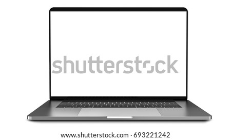 Laptop with blank screen isolated on white background, white aluminium body.Whole  in focus. High detailed. 3d illustration,