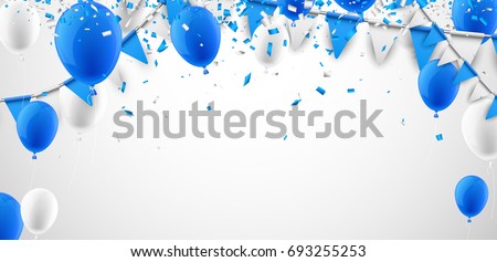 Festive background with blue and white flags and balloons. Vector illustration.