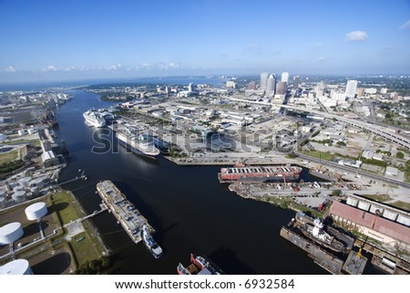 Aerial view of Tampa Bay Area, Flordia with waterway and ships.