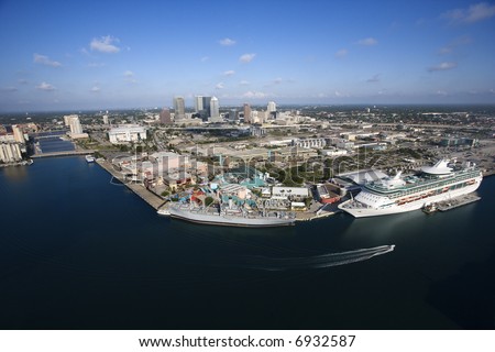 Aerial view of Tampa Bay Area, Flordia with water and cruise ship.