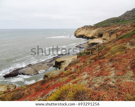 Panoramic picture at Cabrillo National Monument bluffs and tidepools. Coastal bluffs and tidepools are found along Point Loma peninsula in San Diego, USA