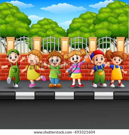 Vector illustration of Happy children on the sidewalk