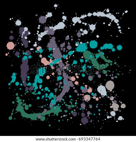 Paint splatter vector background. Dirty gouache paint splashes vector pattern. Colorful ink or acrylic paint splatter illustration, grunge abstract painting.
