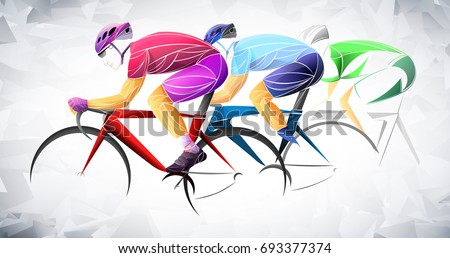cycling tour, track, bicycle, geometric, cyclist stylized vector. Bicycle accident sign. A Young man is cycling a bicycle. Sports activity.