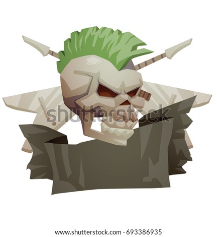 Vector emblem with black banner with white guitars and with cartoon image of a gray human skull with a green mohawk turned to the right on a white background. Pirates, death, Halloween. 