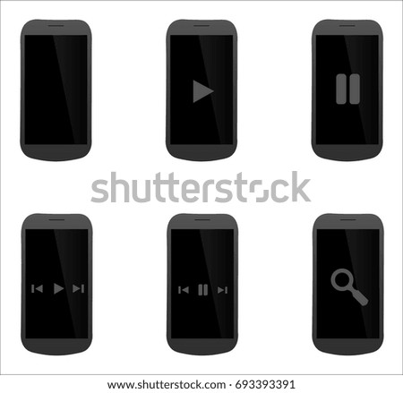 Set of grey, black and white smartphone and phone, modern and realistic with playback options, films, movies and music