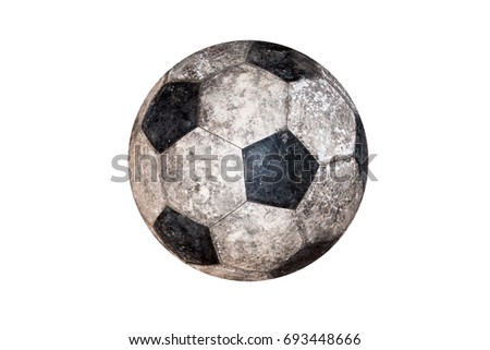 Old Black and white soccer ball on white background.