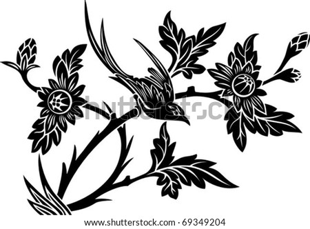 vector illustration of stylized bird on the blossoming  twig, clip art optimized for  cutting on plotter. stencil for decor.