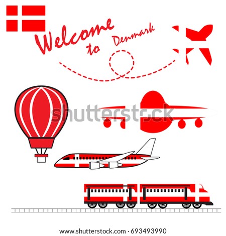 Denmark flag, Denmark, Travel to Denmark. Visit to Denmark with airplane, balloon, and train. Vector illustration.