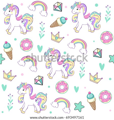 Unicorn with Cake, ice cream, crown, diamond seamless pattern