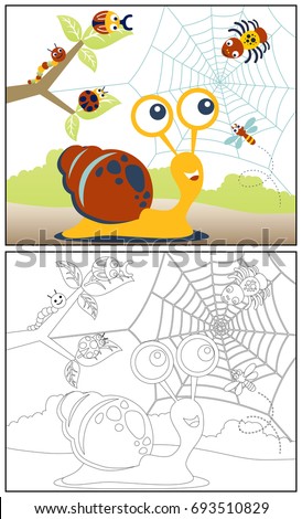 Cute snail with bugs, vector cartoon illustration, coloring book or page