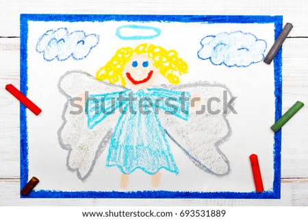 Colorful drawing: Beautiful angel with curly hair
