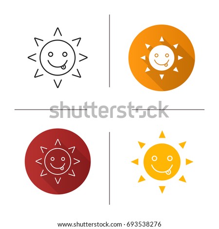 Yummy sun smile icon. Flat design, linear and color styles. Silly, goofy, foolish sun emoticon. Isolated vector illustrations