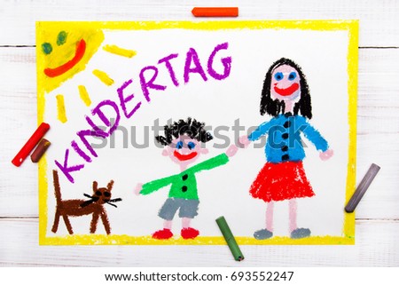 Colorful drawing: Children's day card with German words Children's day