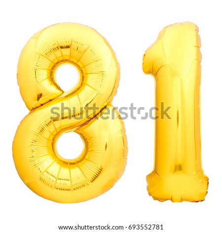 Golden number 81 eighty one made of inflatable balloon isolated on white background