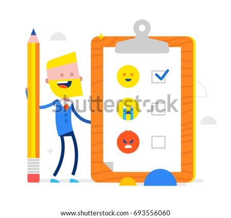 Happy smiling businessman with pencil,clipboard,checklist. Vector modern flat style cartoon character illustration. Isolated on white background. Business success completed plan concept