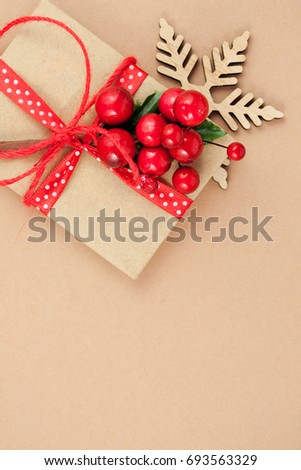 Gift or present box with christmas decoration. Flat lay style. 