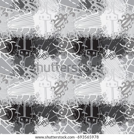 Bugs cartoon pattern on splashes of paint. Chaotic silhouettes of insects on splashes of paint. Infinitely repeating motif . Vector illustration of doodle. Trendy hand drawn textures.