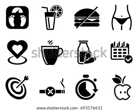 Set of simple icons on a theme Diet, vector, design, collection, flat, sign, symbol,element, object, illustration. Black icons isolated against white background
