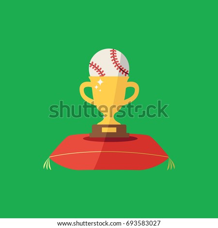 simple clean golden glowing Trophy Cup emblem Vector Icon sport. Winning competition symbol illustration on a pillow or cushion. baseball ball flat design style isolated cartoon on green background. 