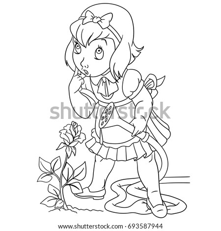 Coloring page of cartoon girl watering rose flower. Coloring book design for kids and children.