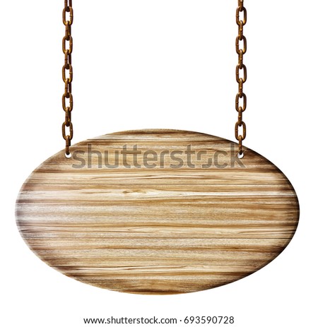  Wooden signboard hanging on white.