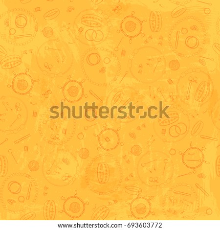 Jewelry, set, luxury collection, seamless pattern. Vector design isolated illustration. Orange outlines, gold watercolor background.