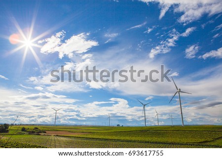 Wind turbines in the meadow and blue sky in the Netherlands