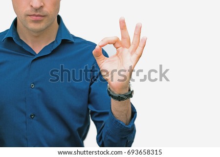 a man, man's hand shows thumb sign okay, isolated, on white background