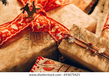 Holiday Christmas presents in soft light, background image