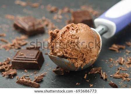 Homemade chocolate ice cream on a black slate plate. Selective focus