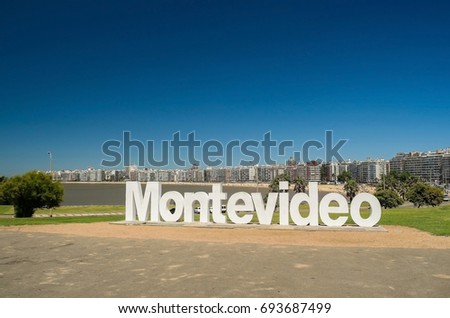 Landmark place at pocitos beach in which is located the montevideo letters, a place for tourist to take souvenir photos Royalty-Free Stock Photo #693687499