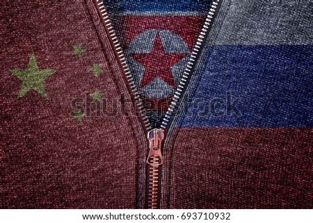 north korea, china and russia flag on clothes,