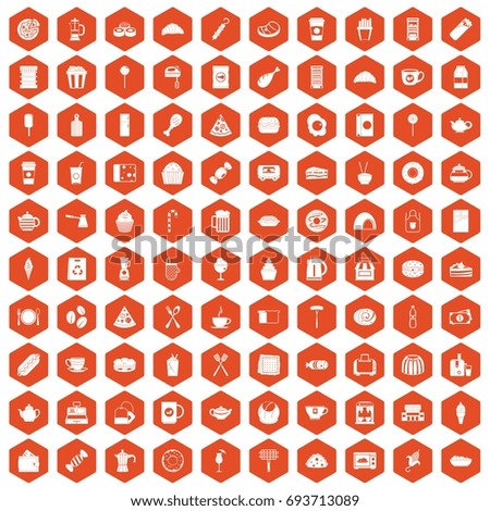 100 cafe icons set in orange hexagon isolated vector illustration
