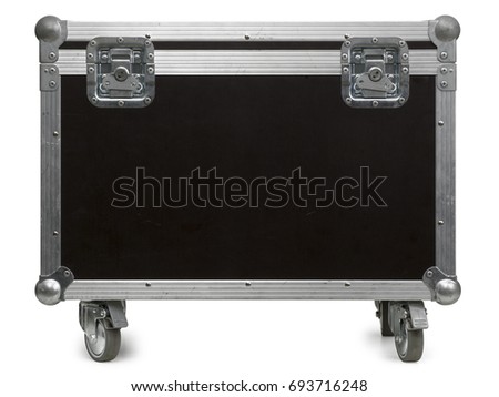 Photo of a isolated road case or flight case with reinforced metal corners and wheels. Clipping path included. Royalty-Free Stock Photo #693716248