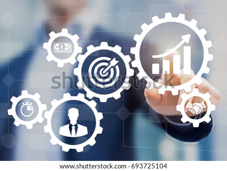 Robotic process automation for business management and workflow diagram with gears and icons with flowchart in background. Manager touching interface Royalty-Free Stock Photo #693725104