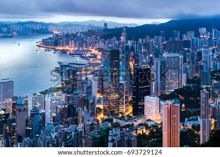 Hong Kong city view from The Peak at twilight Royalty-Free Stock Photo #693729124