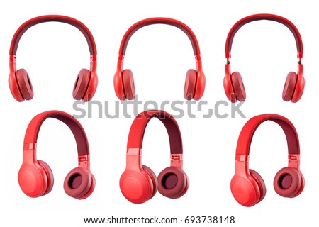 six red headphone isolate on white background. Royalty-Free Stock Photo #693738148