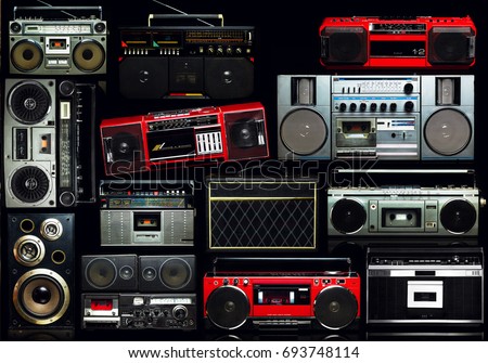 Vintage wall full of radio boombox of the 80s Royalty-Free Stock Photo #693748114