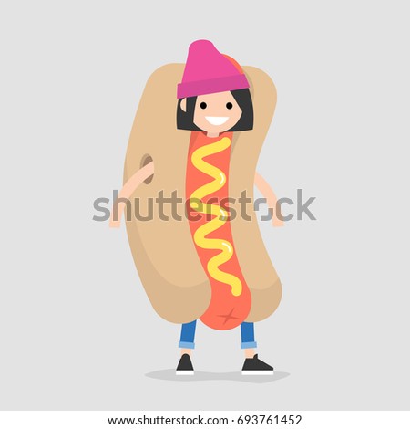 First job. Young female character wearing a hot dog costume / flat editable vector illustration, clip art