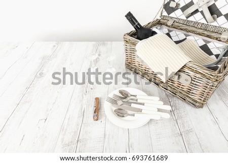 picnic basket and table place on white background, picnic table