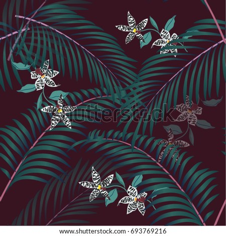 Exotic Dark Tropical  flowers, palm leaves, jungle leaf, bird of paradise flower vector floral pattern background