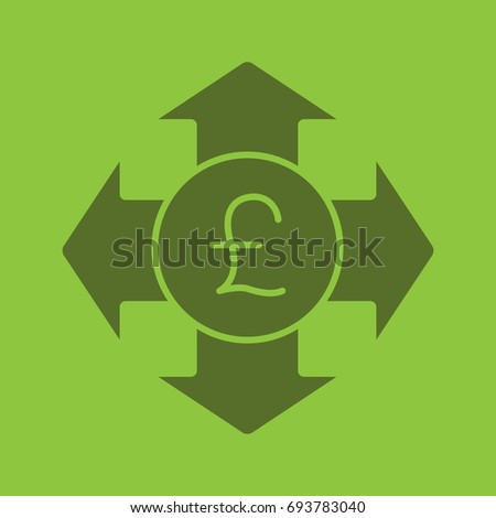 Money spending glyph color icon. Silhouette symbol. Great Britain pound with all direction arrows. Expanses. Negative space. Raster isolated illustration