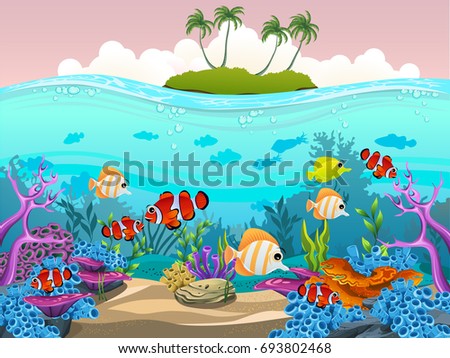 illustration of fish and coral of the sea. beautiful ocean with animals. For wallpaper, print, graphic design, card, background or poster.