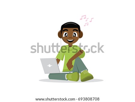 Cartoon character, The African boy sit listening to music through a computer laptop, vector eps10