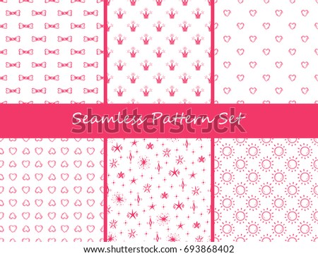 Little Princess Vector Set. Seamless Patterns with Hand drawn doodle Crown, Hearts, Stars, Hair  Bow, Sun 