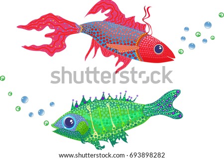 Pattern gold and green fish swim in different directions
