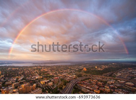 Seattle city under a rainbow 