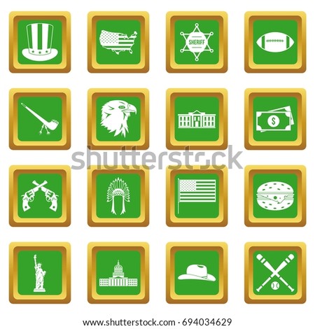 USA icons set in green color isolated vector illustration for web and any design